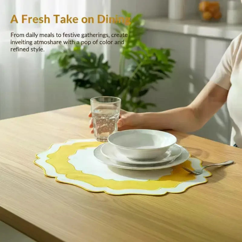 sets table orange jaune vert beige motifs concentriques bord ondulé moderne infroissable machine texture