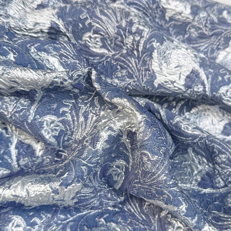 tissu brodé floral bleu argenté brillant polyester maison bricolage été hiver decoration handmade respirant