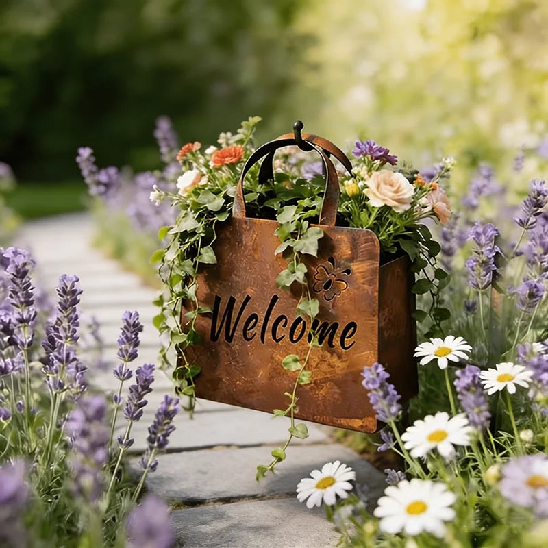 sac main vintage rustique métal poignées cuir inscription hello welcome
