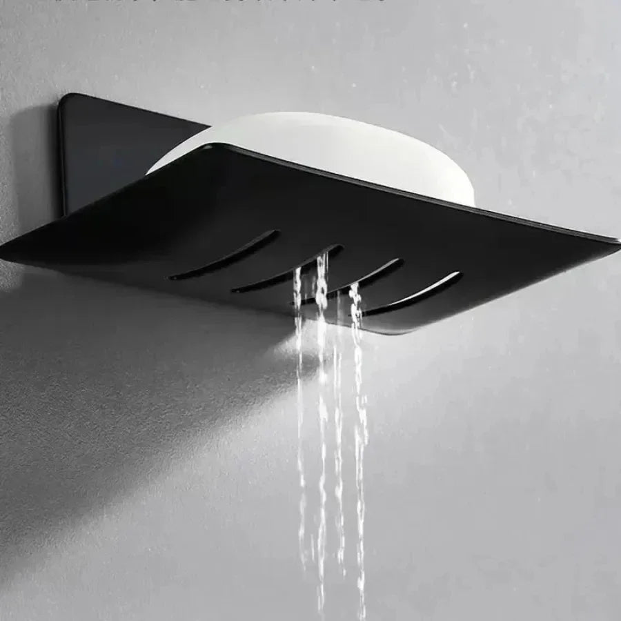 support savon mural noir moderne minimaliste adhésif drainage salle bain plat lisse opacité