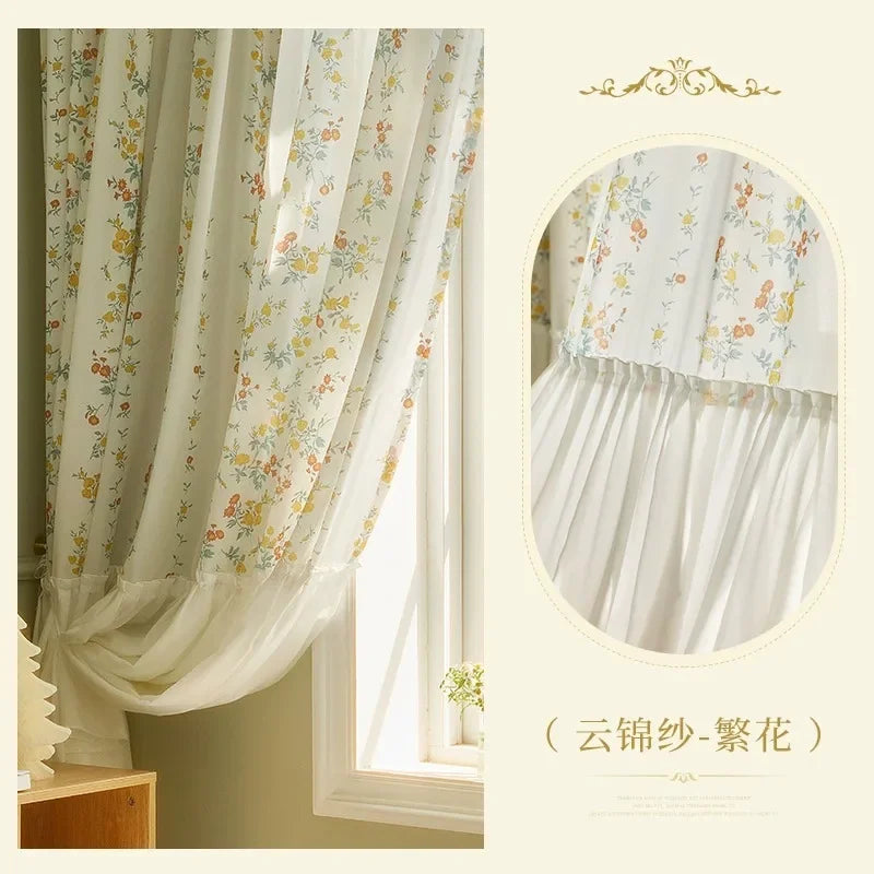 rideau translucide fleurs petites motif romantique blanc jaune orange vert salon chambre maison