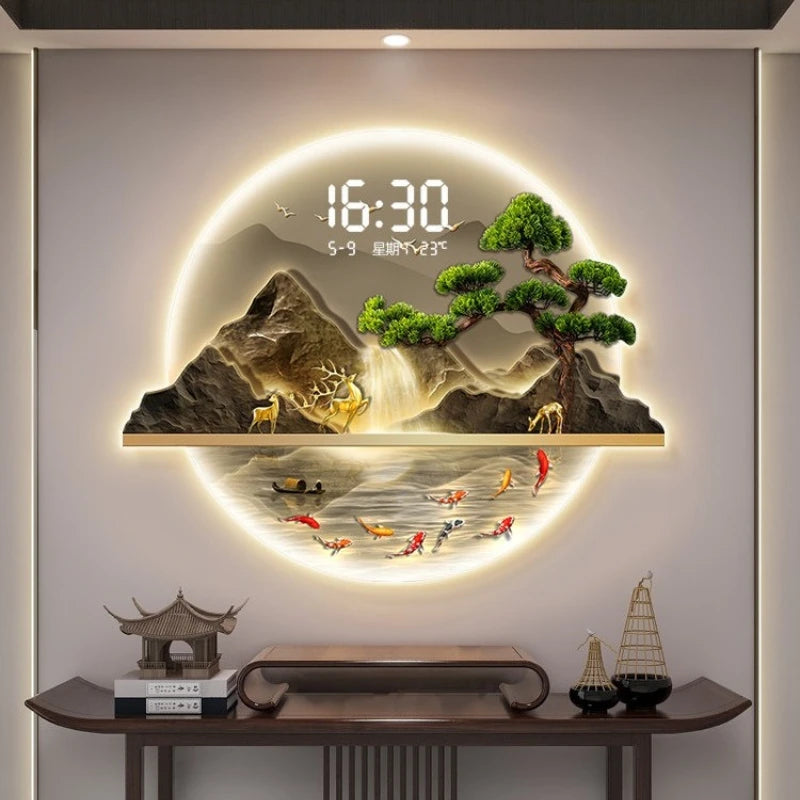 Horloge murale numérique bleue avec calendrier dans un couloir décoré