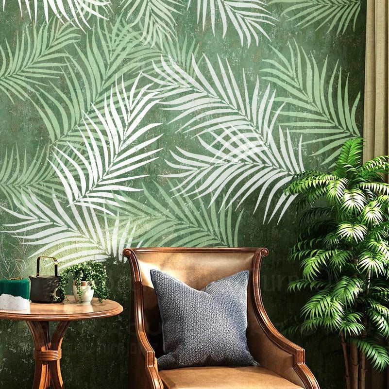 papier peint moderne feuilles vertes adhésif fixation mur opaque décoration intérieure naturelle contemporain vert