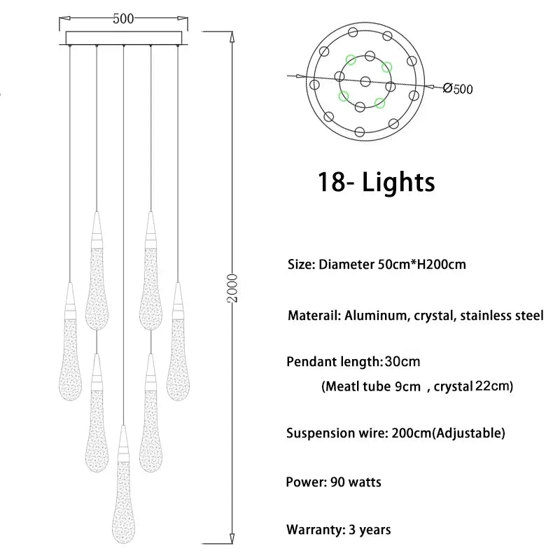 suspension lumineuse moderne cristal doré transparent gouttes verre led