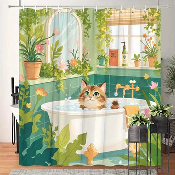 rideau douche illustration chat baignoire motifs floraux 12 anneaux métalliques polyester opacité vert blanc