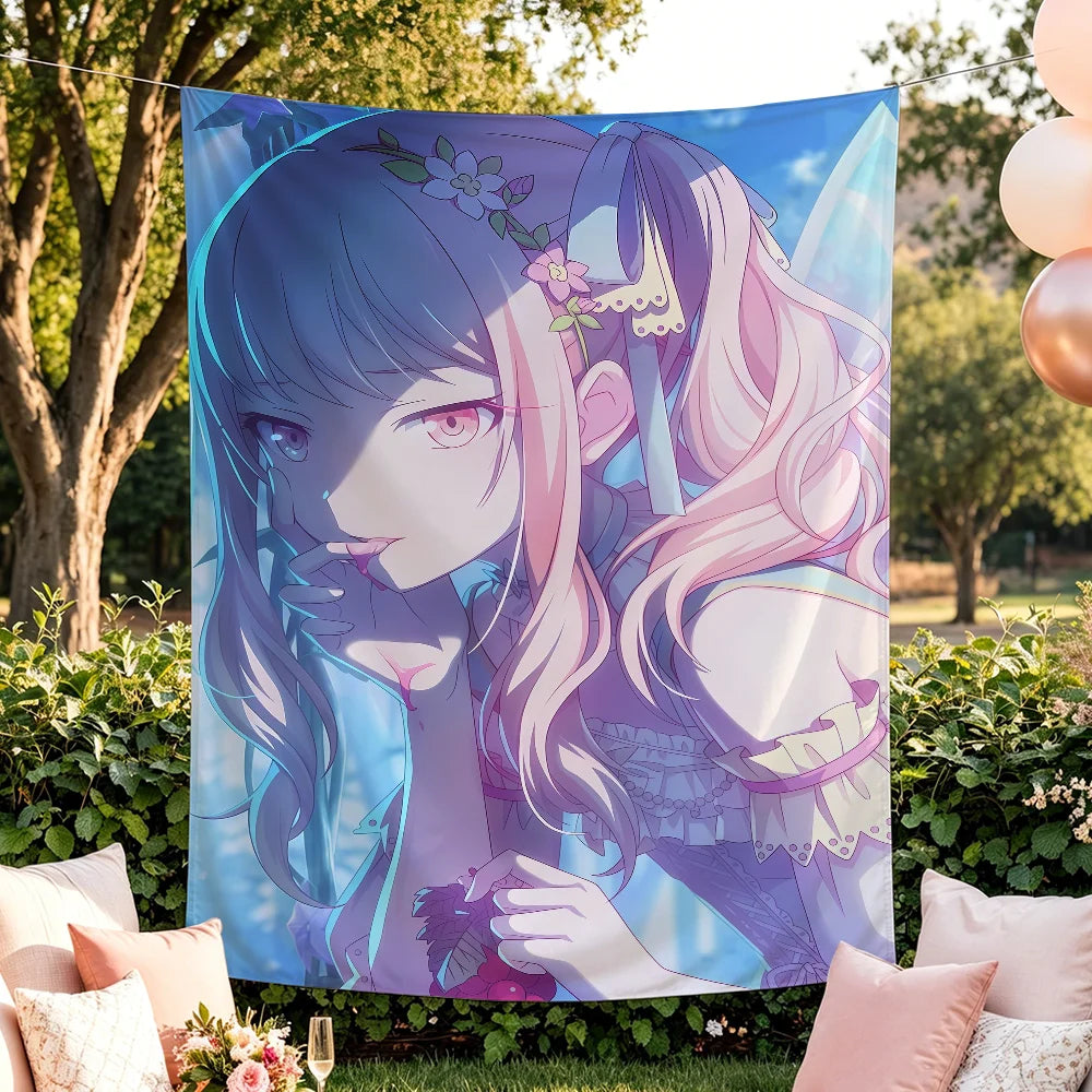 tapisserie murale anime illustration fille cheveux roses robe bleue tasse clips chambreDecoration