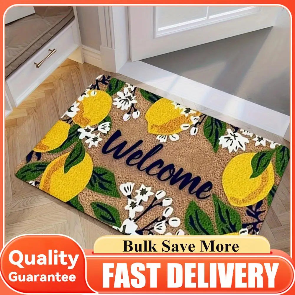 tapis d'entrée imprimé citron plante fleur papillon bienvenue antidérapant polyester caoutchouc maison décoratif naturel