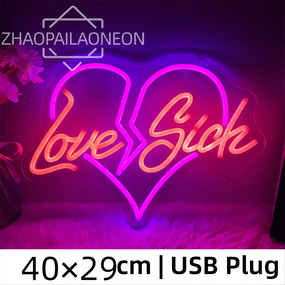 Enseigne néon LED Love Sick bleu vue de près montrant les détails