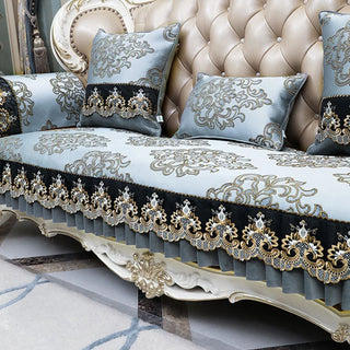 housse canapé jacquard brodé floral bleu marron or luxueuse frange antidérapante