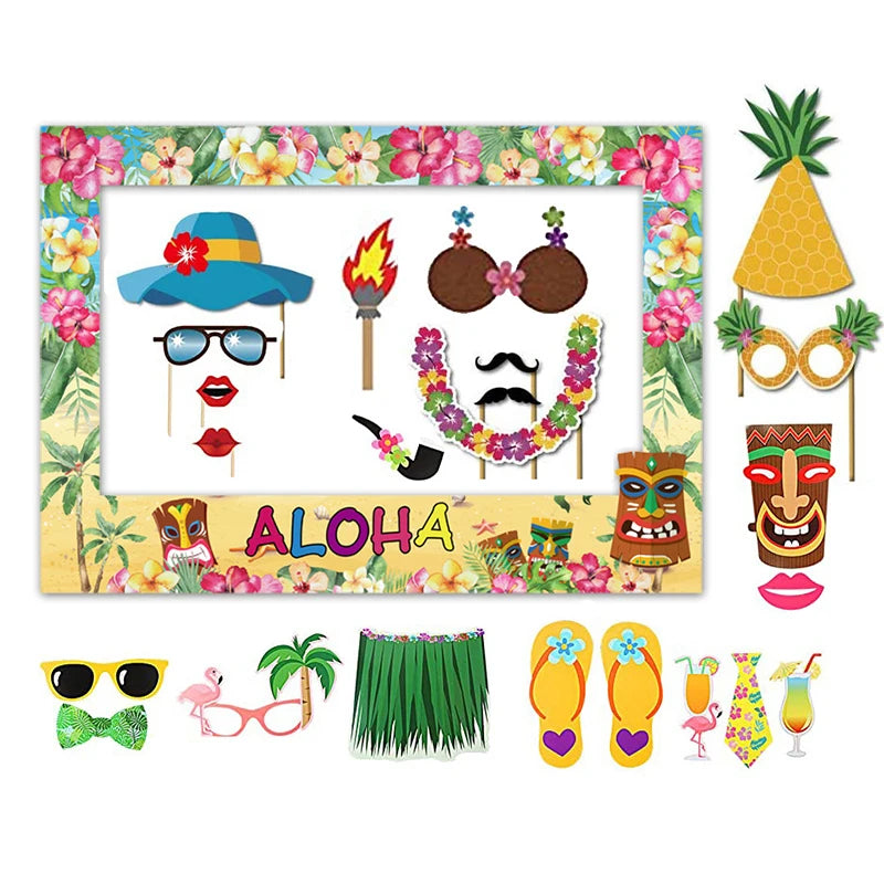kit photo booth cadre floral hawaïen accessoires tiki chapeau lunettes colliers cocktails anniversaire tropical