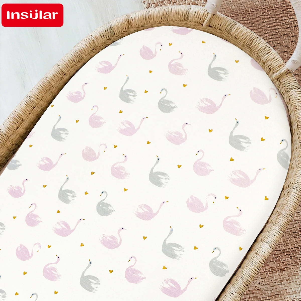 draps bébé motif cygnes coeurs doux coton blanc rose gris jaune enfantins housse élastiquée