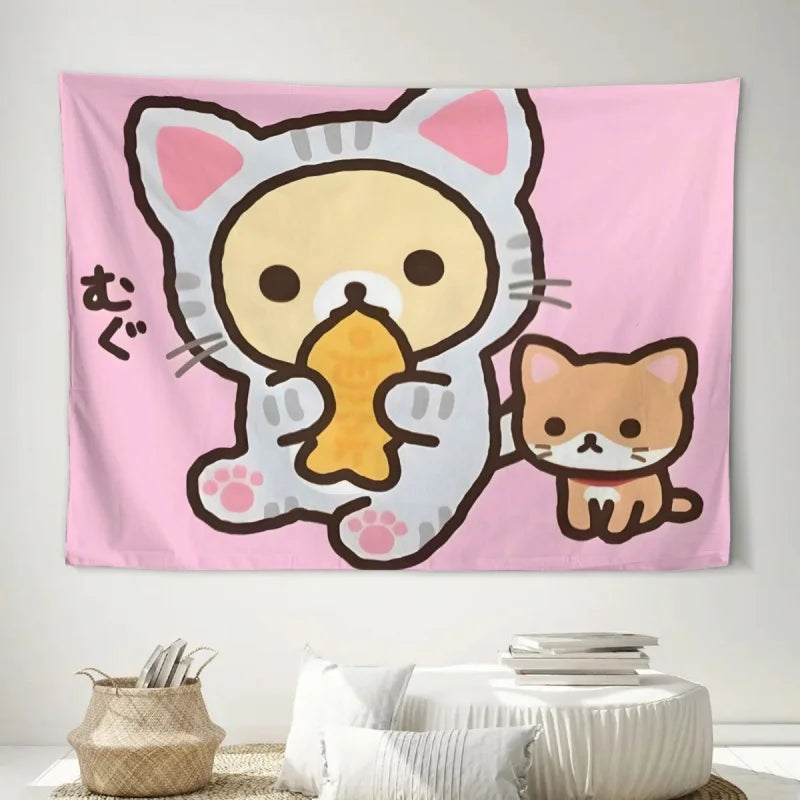 tapisserie murale chat dessin animé moderne rose clair tissu polyestère lavable chambre salon decoration