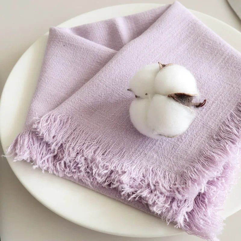 serviettes table réutilisables mélange coton lin violet gris blanc vert modernes élégantes franges adhésif