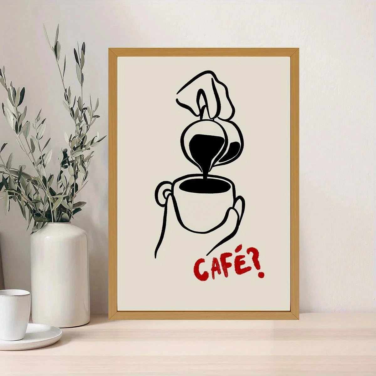 affiche minimaliste tasse illustration rouge texte question decoration mur salon beige noir