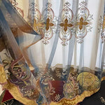 rideau translucide broderie florale élégant blanc bleu salon chambre fenêtre maison classique