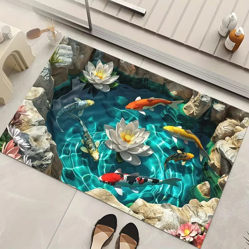 tapis sol piscine poisson lotus moderne résistant antidérapant bleu vert blanc