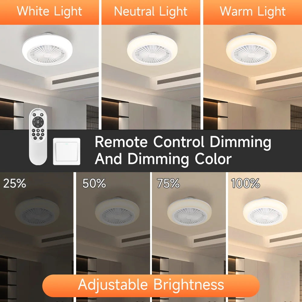 ventilateur lumière led moderne télécommande blanc grille ventilation adjustable