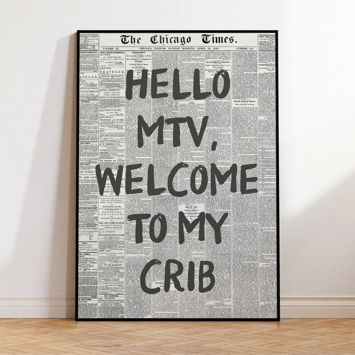 affiche moderne noir blanc papier journal cadre métal chambre salon enfants decoration imprime toile
