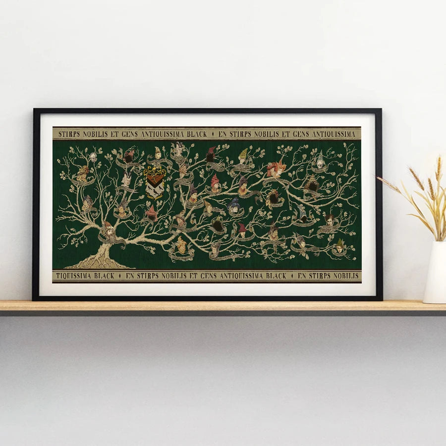 toile d'art arbre généalogique harry potter verte ancienne héraldique personnage blason vintage mur decoration