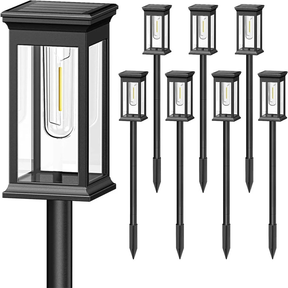 lampe solaire extérieure moderne transparente noire éclairage paysagiste ip65 blanc chaud piquet pack