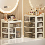 boîtes rangement cosmétiques moderne pliables beige clair poignées dorées étiquettes produits