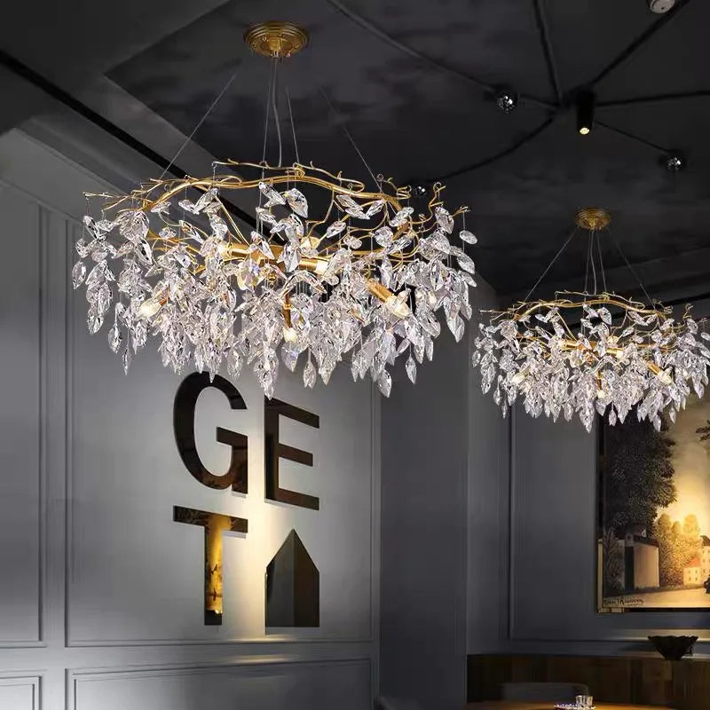 lustre moderne pendentif cristal doré feuilles stylisées led salon chambre