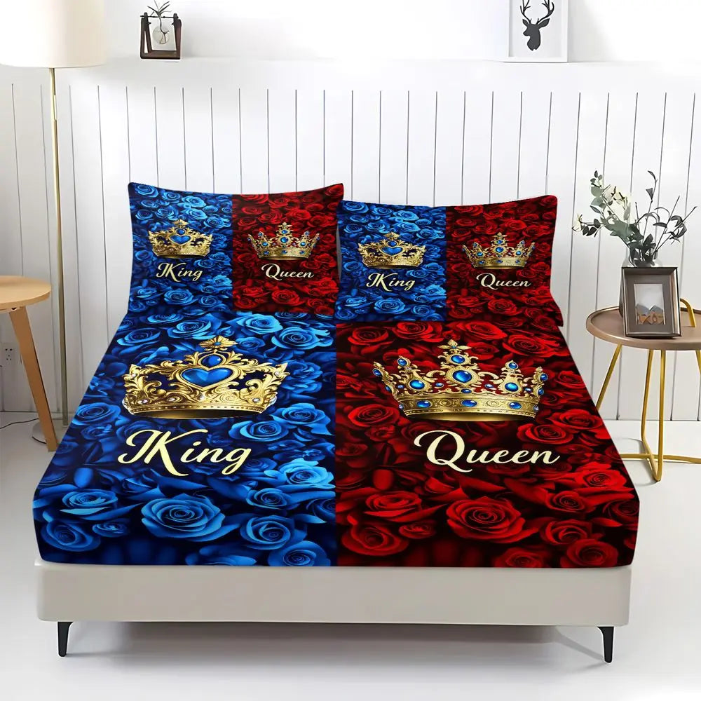 draps housses imprimés roses couronnes king queen adultes lit ensemble taies oreillers royal
