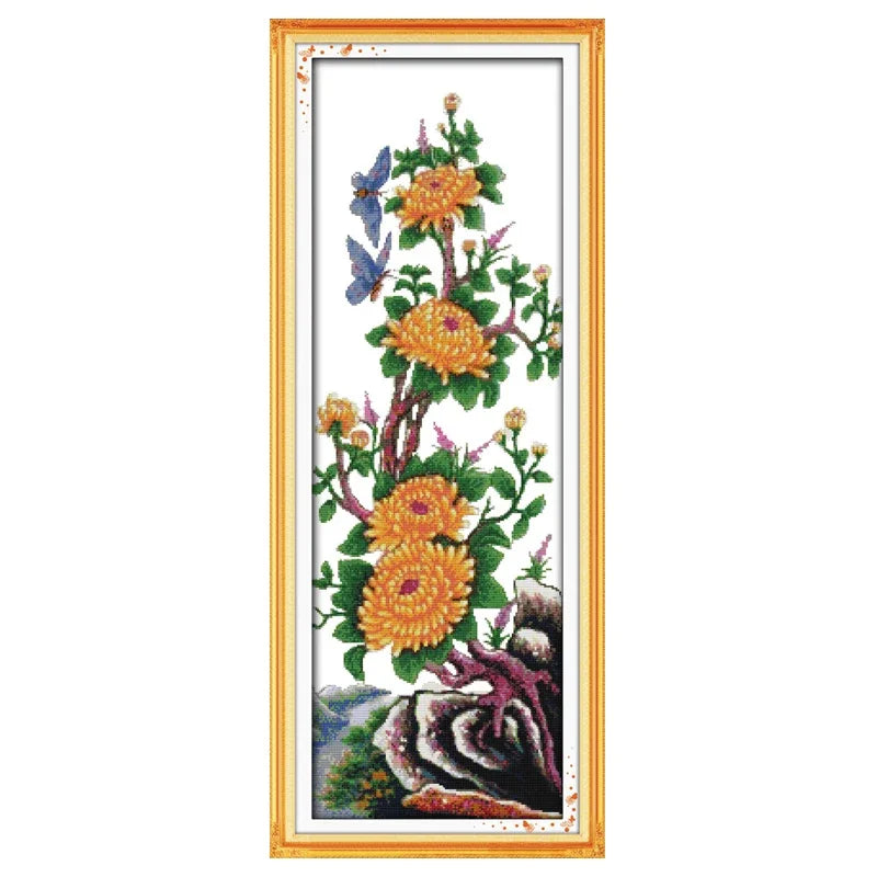 tableau paysage naturel arbres fleurs oiseaux papillons coton doré broderie