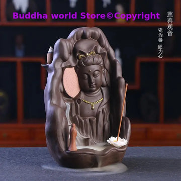 statue ornementale bouddhiste guanyin encens figurine fleur lotus décoration maison aspect sculpté details cascade