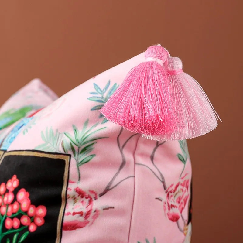 coussin boho chic imprimé flamants roses oiseaux plantes pompons rose vert bleu noir