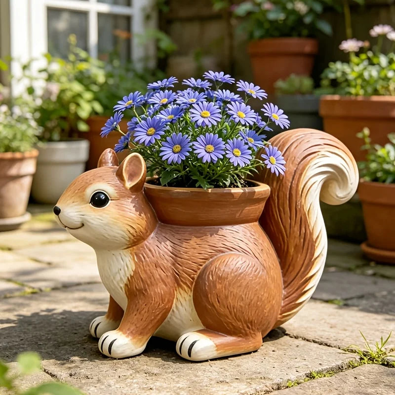 pot fleurs forme écureuil marron fleurs décor animalier extérieur jardins balcon