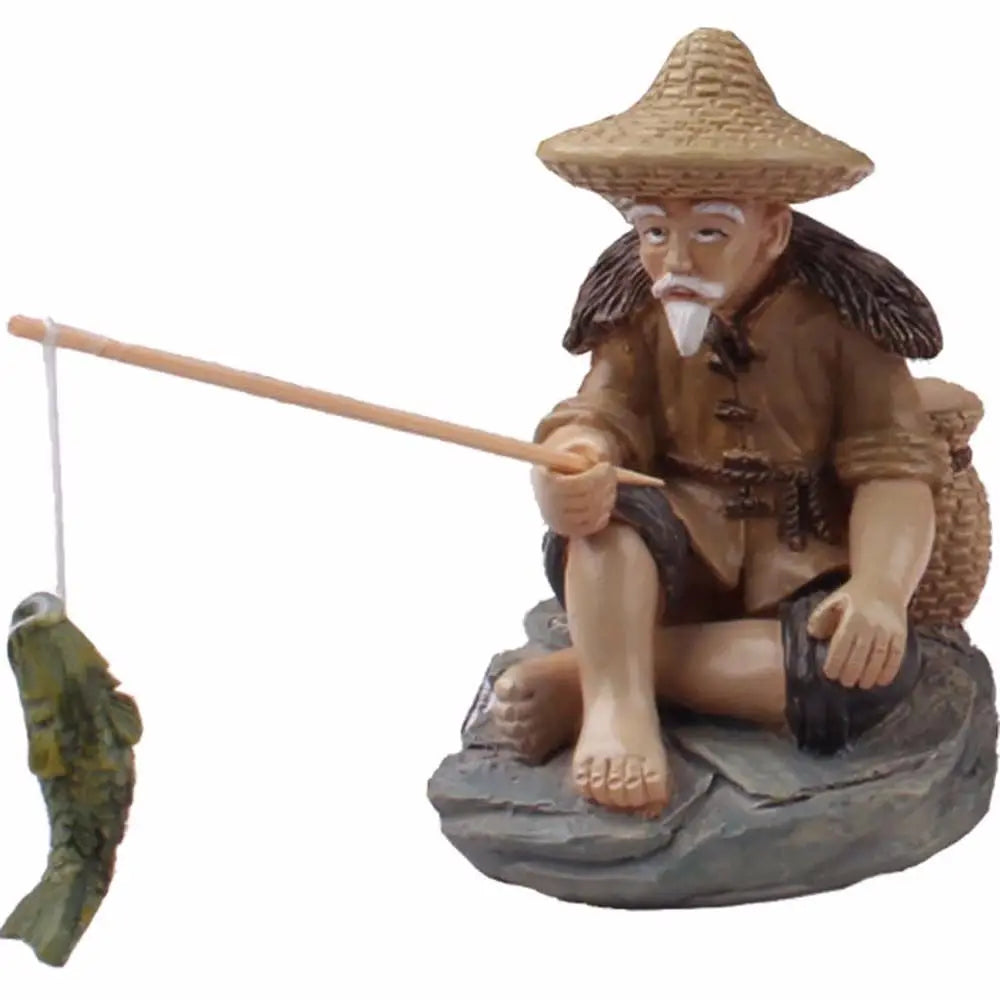 ornement jardin miniature pêcheur résine chapeau panier canne poisson texture rustique asiatiqueextérieur decorationfigurine