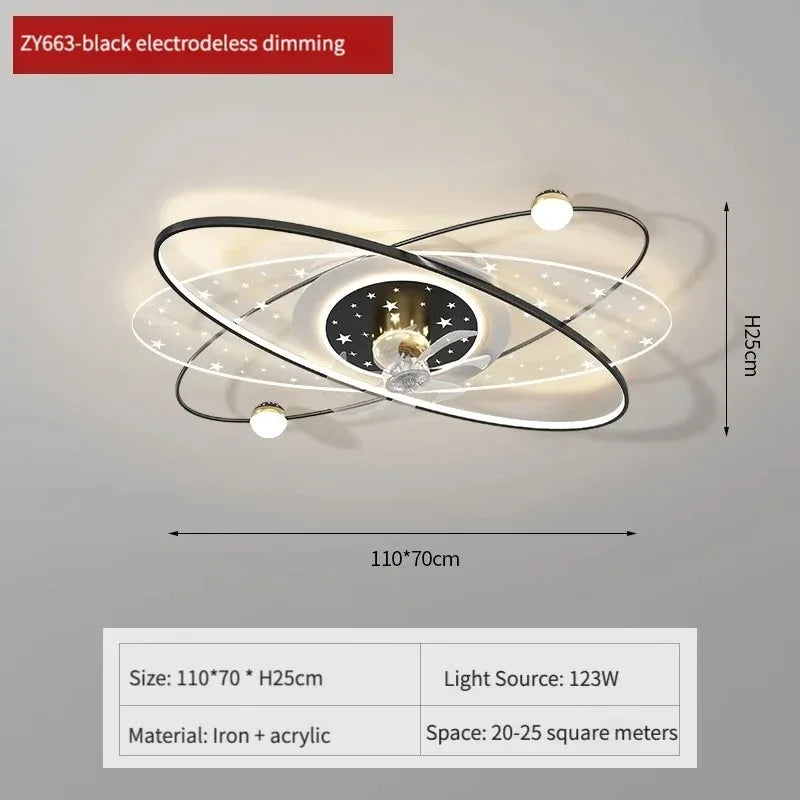 ventilateur moderne sphères blanches anneaux dorés télécommande lumière led salon luxe