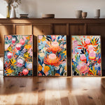 tableau toile fleurs exotiques abstraites cadre bois décoration murale moderne salon couleur vive