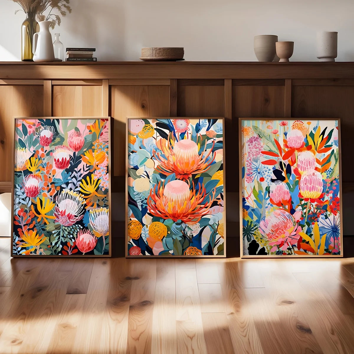 tableau toile fleurs exotiques abstraites cadre bois décoration murale moderne salon couleur vive