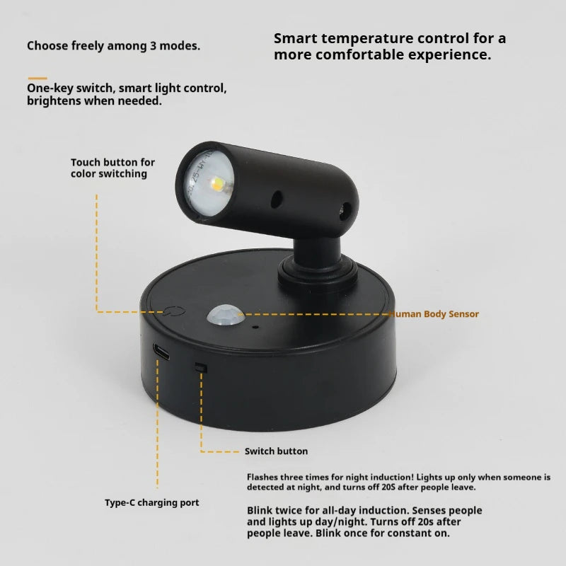spot lumineux induction noir moderne bouton tactile charge type capteur mouvement base magnétique lisse