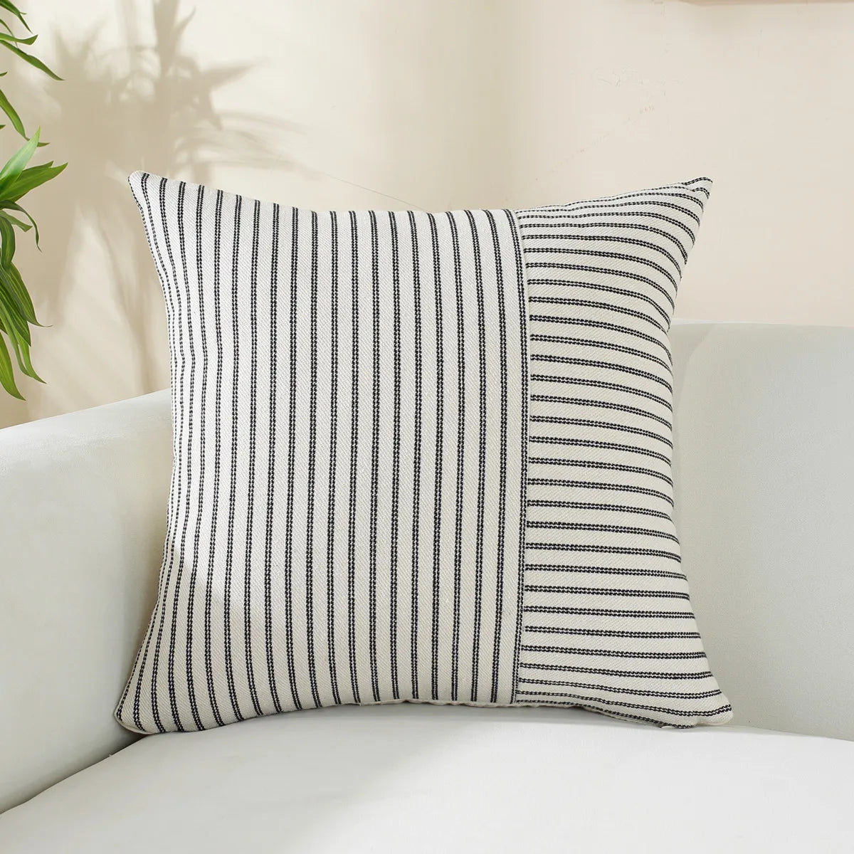 housse coussin carré rayé moderne coton lin 45x45 50x50 60x60 beige noir salon chambre
