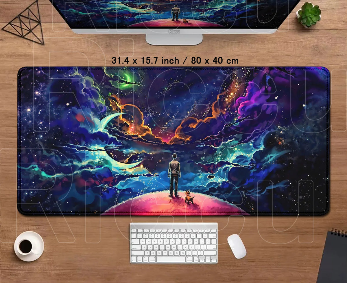 tapis souris gaming large taille bleu violet nuages étoiles antiderapant moderne