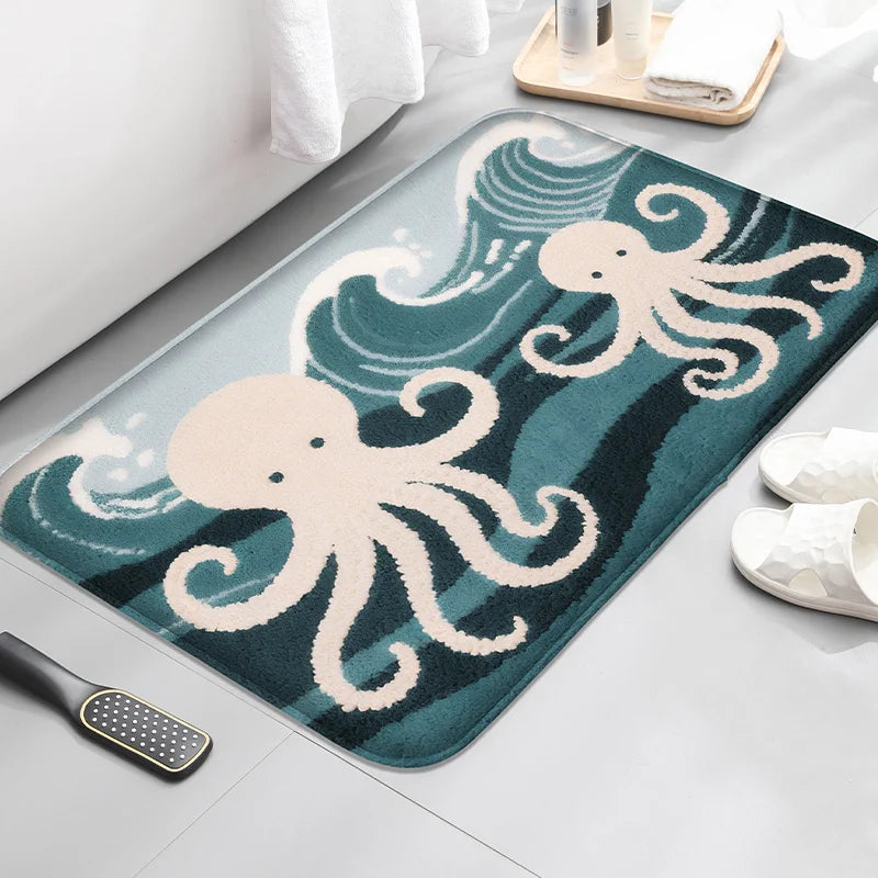 tapis bain absorbant anti dérapant motif étoiles mer moderne bleu orange