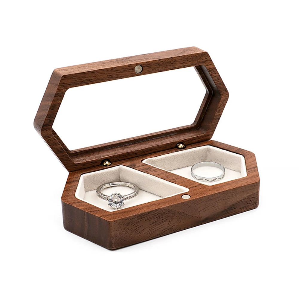 boîte bijoux bois marron intérieur blanc moderne vis anneau doré transparent 28g