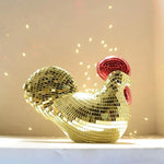 statue coq miroirs argentée rouge décoration festive anniversaire intérieur scintillante mosaïque dimension 17cm 13.5cm