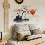 autocollant mural paysage oriental coucher soleil art traditionnel japonais oiseaux montagnes lanternes chambre salon