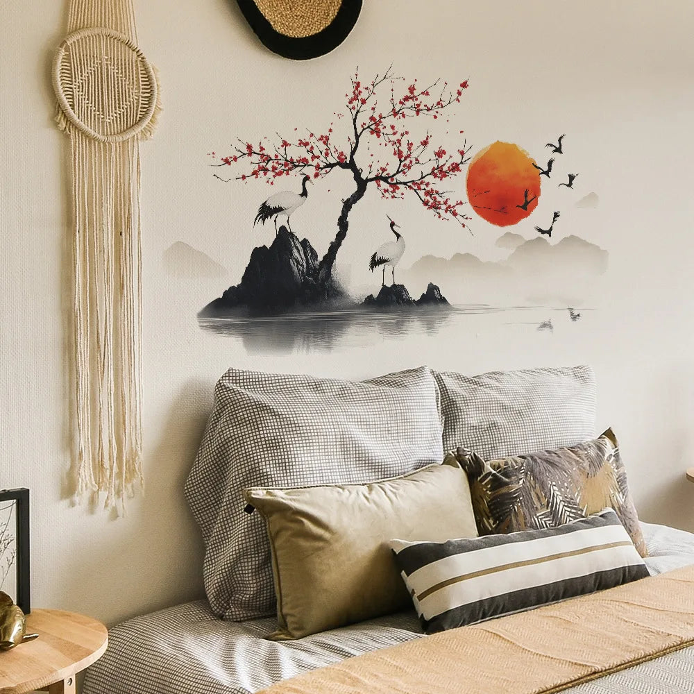 autocollant mural paysage oriental coucher soleil art traditionnel japonais oiseaux montagnes lanternes chambre salon
