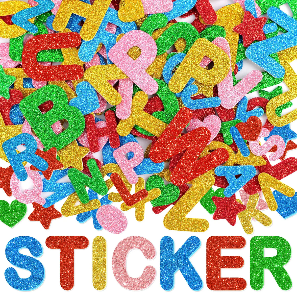 sticker autocollant alphabet lettre étoile glitter brillant rouge vert bleu doré cœur enfants craft