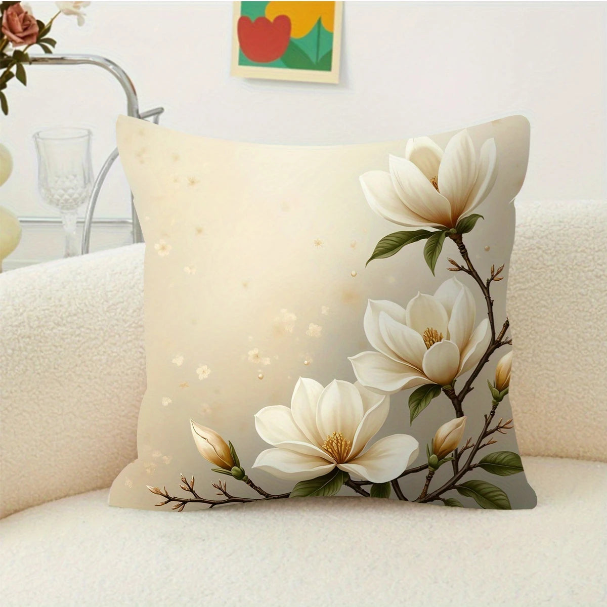 housse coussin carré motif floral fleurs blanches feuilles vertes bohème 100 polyester beige clair