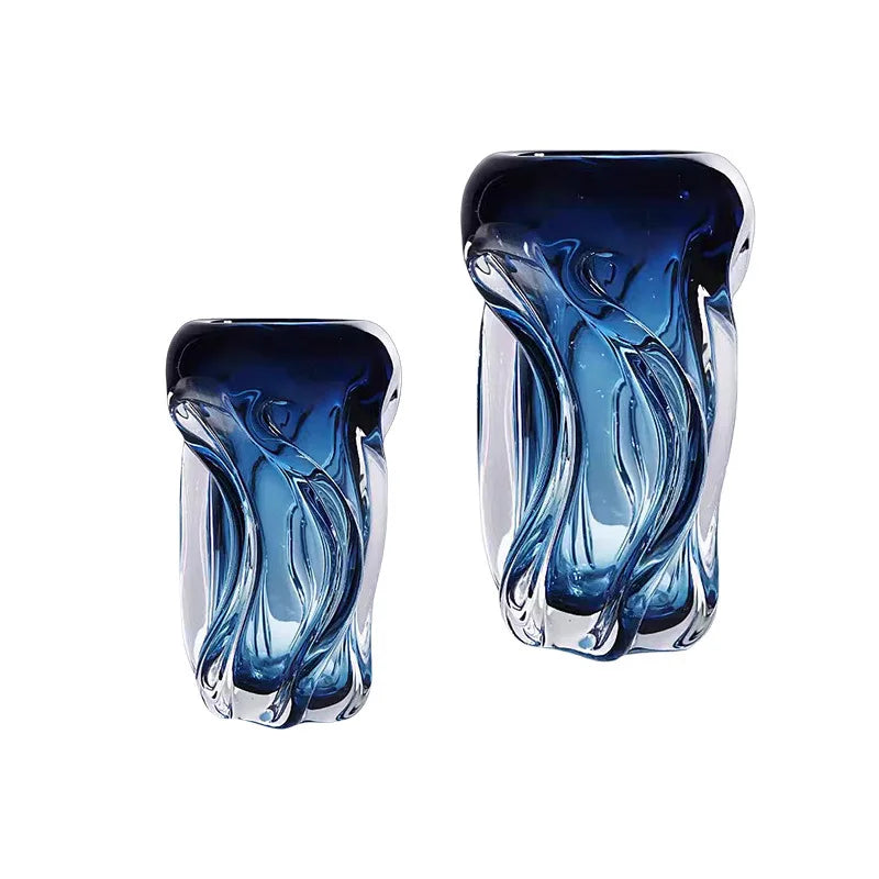 vase moderne bleu transparent ondulé marbré décoration intérieure arrangement floral hydroponique