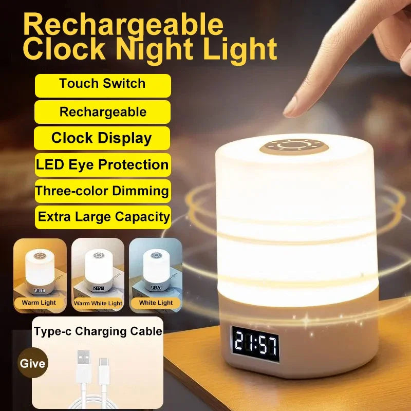 lampe chevet horloge intégrée rechargeable lumière chaude blanc moderne led tactile