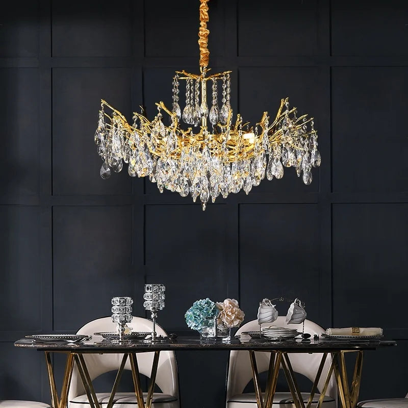 lustre cristal or élégant branchettes dorées led moderne salon chambre cuisine