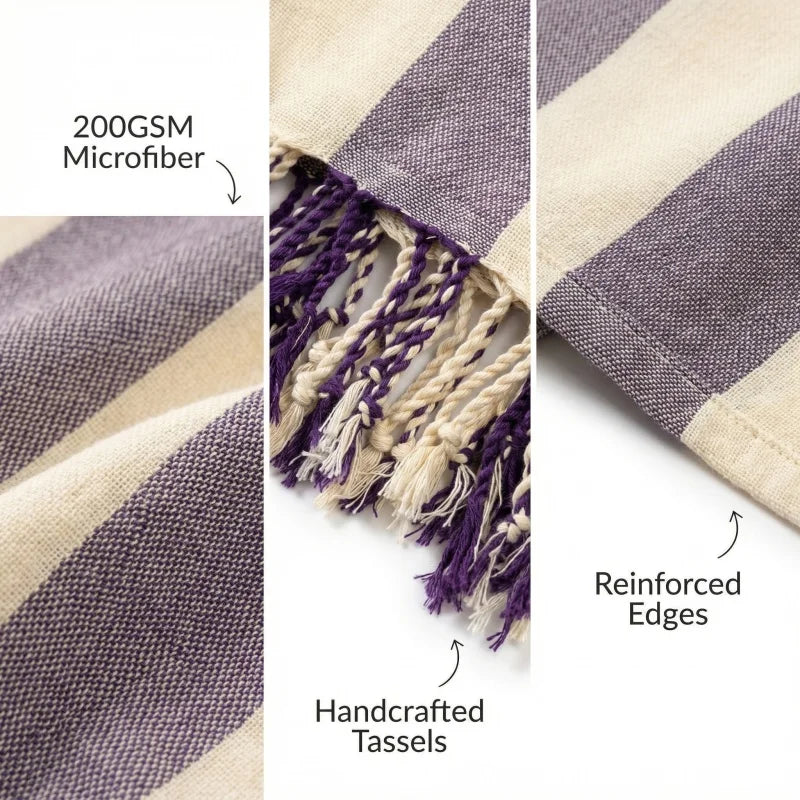 serviette plage coton violet blanc rayures absorption rapide lavable machine moderne large chapeau lunettes