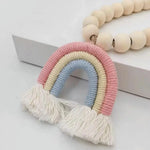 rideaux boho arc ciel franges bois blanc rose bleu clair anneaux
